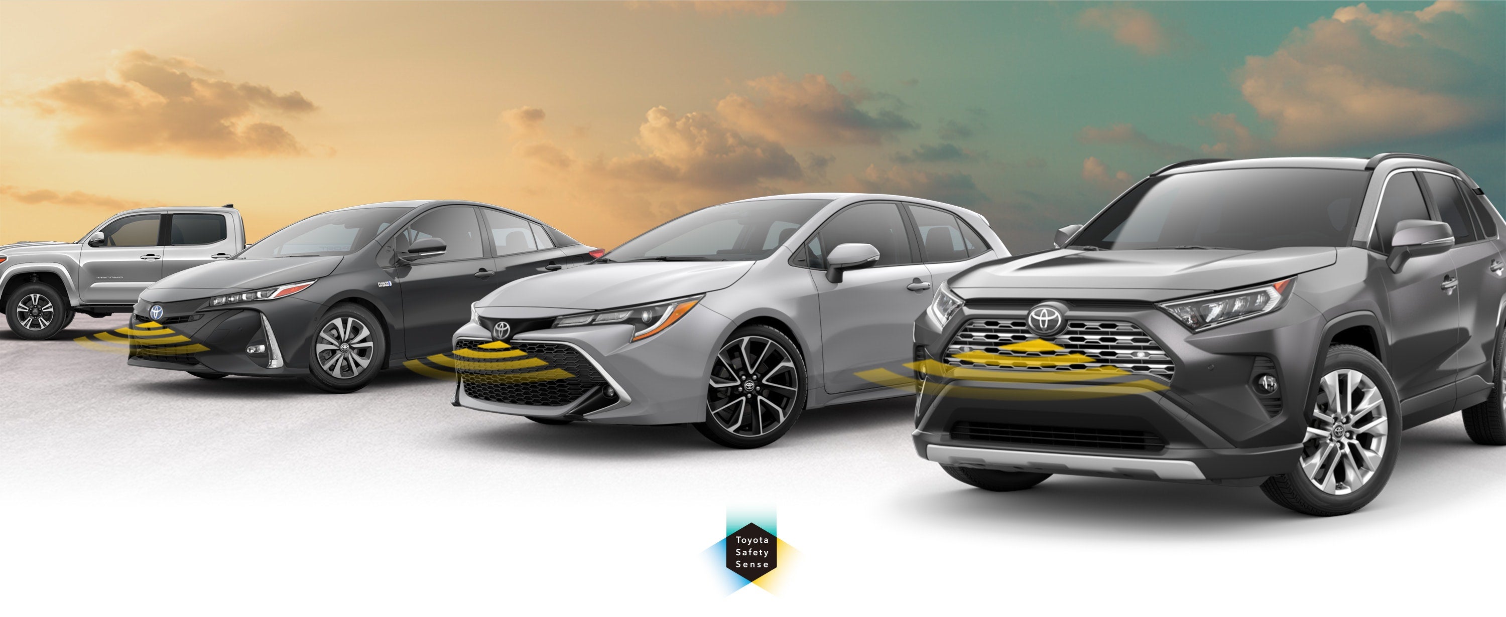 Toyota Safety Sense: Designed for Safety. Options shown on Toyota models including RAV4, Tacoma, and Camry, available now at Sloane Toyota of Malvern in Malvern PA.